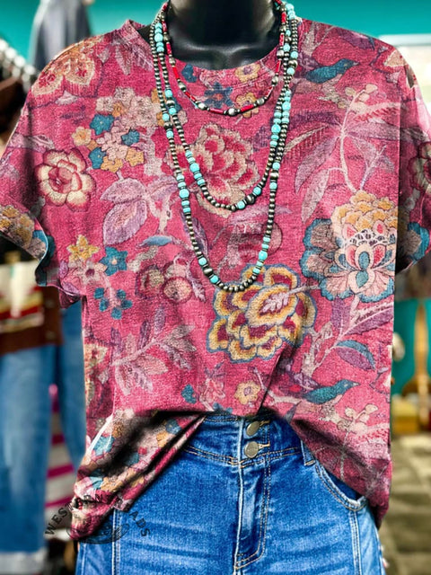 Women's Pink Retro Floral Print Casual T-shirt