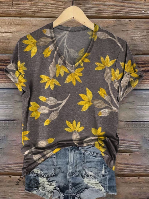 Women's Yellow Floral Print Casual V-neck T-shirt