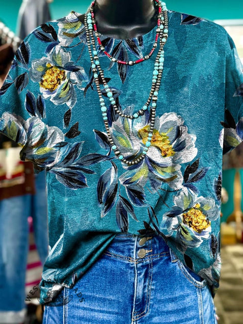Women's Simple Floral Art Print Casual T-shirt