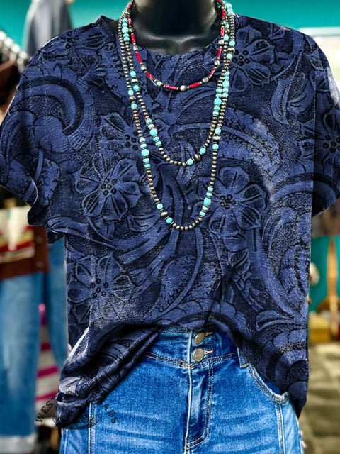 Women's Retro Floral Pattern Print Casual T-shirt