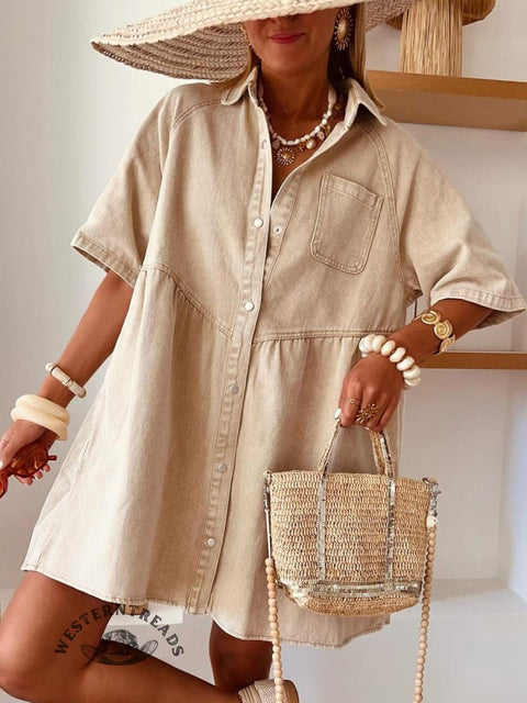 Women's Casual 100% Cotton Lapel Washed Denim Dress