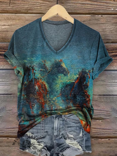 Women's Western Turquoise Horse Print Casual V-neck T-shirt