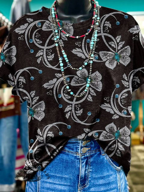 Women's Turquoise Pattern Print Casual T-shirt