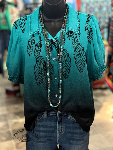 Women's Turquoise Feather Printed Casual Cotton Shirt