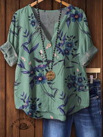Women's Floral Art Print Casual Cotton Linen Shirt