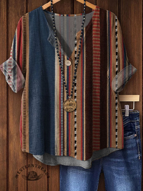 Women's Retro Stripe Art Print Casual Cotton Linen Shirt