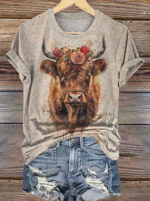 Floral Cow Art Print Casual T-shirt