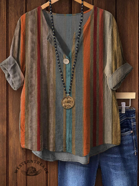 Women's Retro Art Print Casual Cotton Linen Shirt