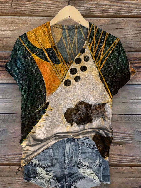 Women's Retro Ethnic Art Print Casual V-neck T-shirt