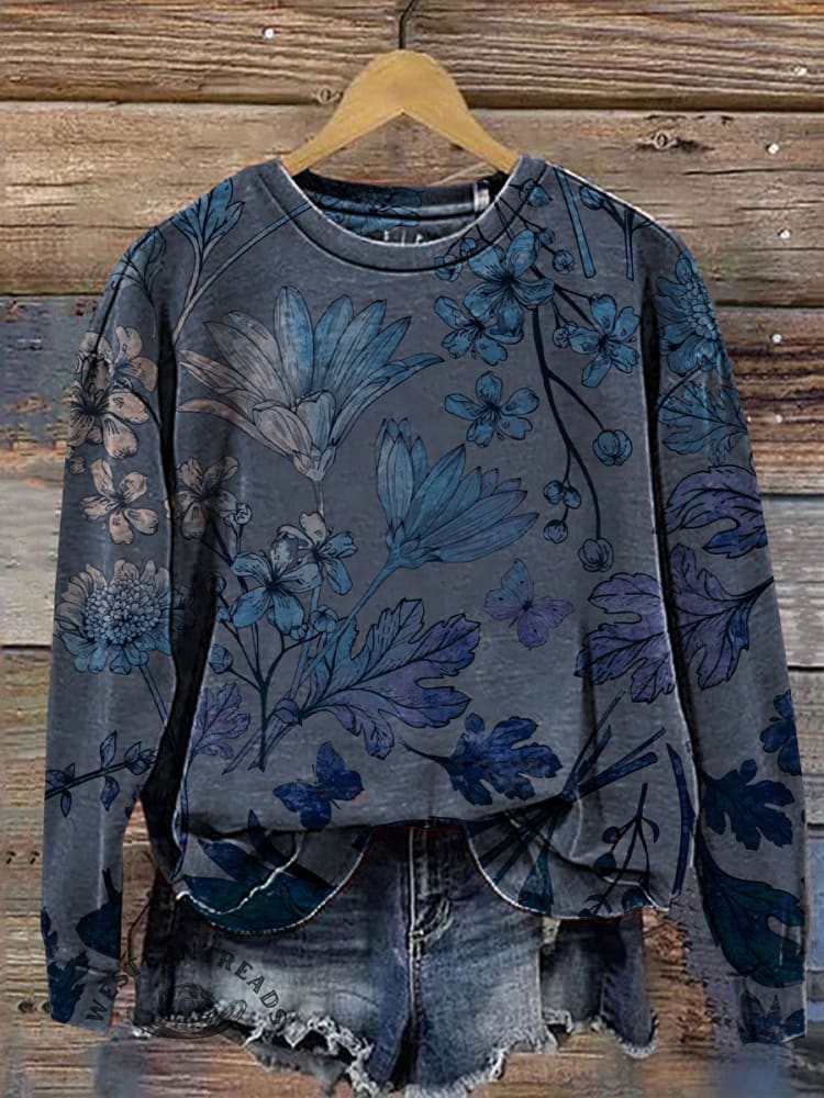Women's Retro Floral Print Crew Neck Casual Sweatshirt