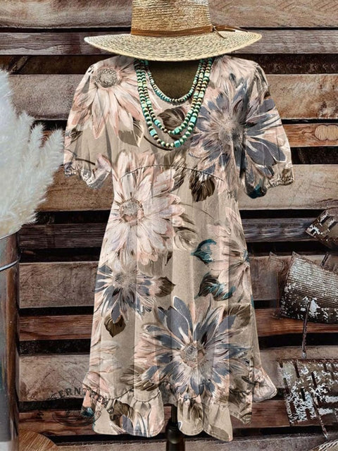 Women's Retro Beige Floral Print Casual Dress