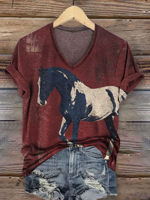Women's Retro Red Horse Print Casual V-neck T-shirt
