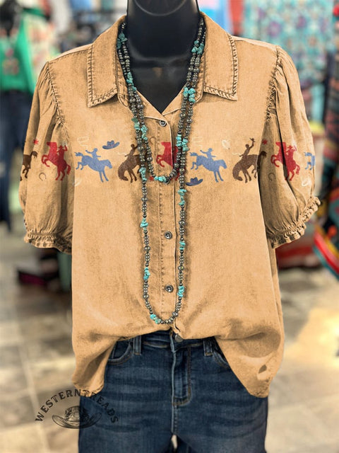 Women's Simple Cowboy Printed Casual Cotton Shirt