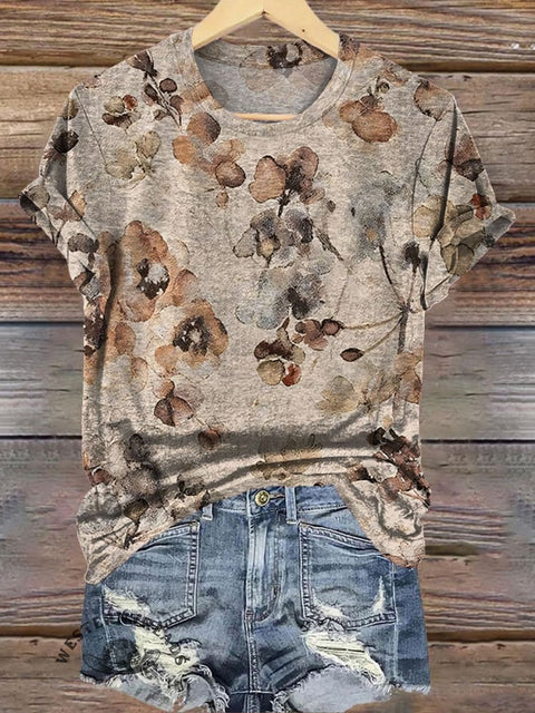 Simple Floral Texture Print Casual T-shirt