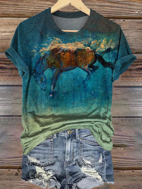 Retro Texture Horse Art Print Casual T-shirt