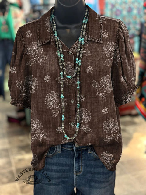 Women's Simple Floral Pattern Printed Casual Cotton Shirt