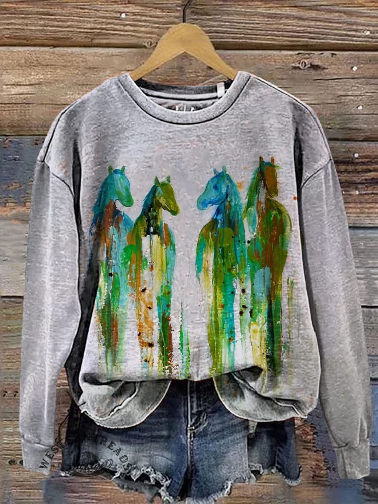 Women's Retro Horse Watercolor Art Print Casual V-neck T-shirt