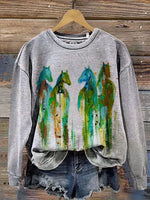 Women's Retro Horse Watercolor Art Print Casual V-neck T-shirt