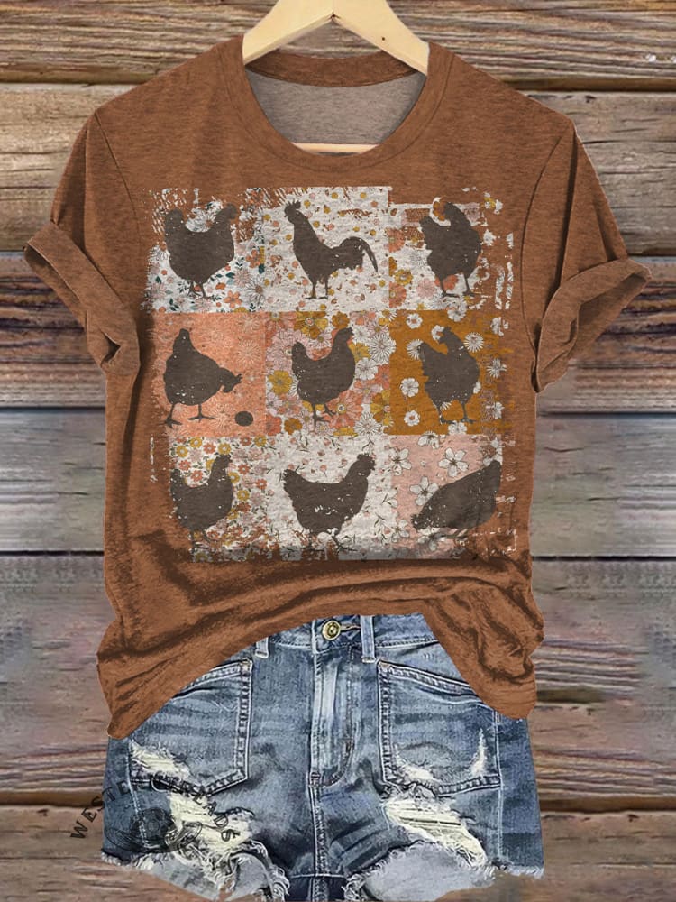 Ranch Chicken Floral Painting Art Print Casual T-shirt