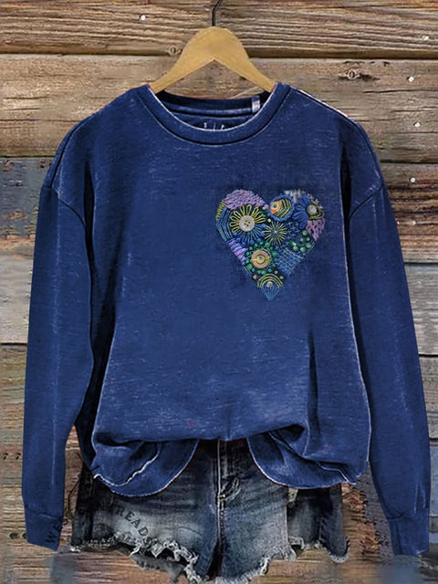 Retro Knitting Art Heart Print Crew Neck Casual Sweatshirt