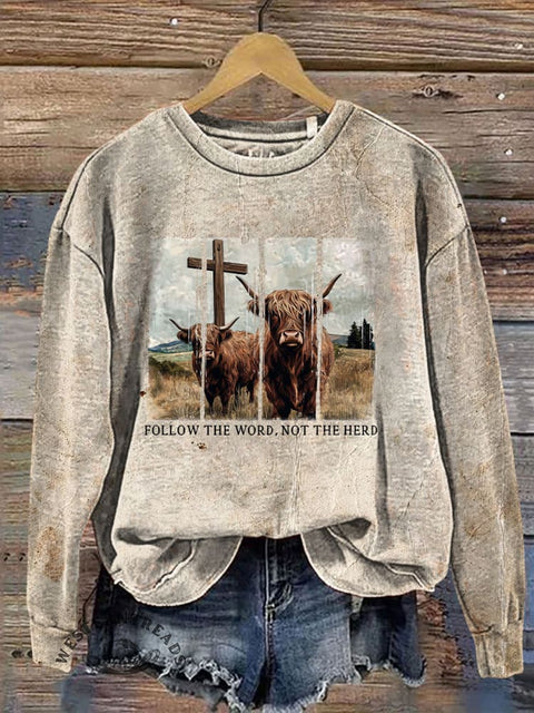Retro Texture Western Cow Print Crew Neck Casual Sweatshirt