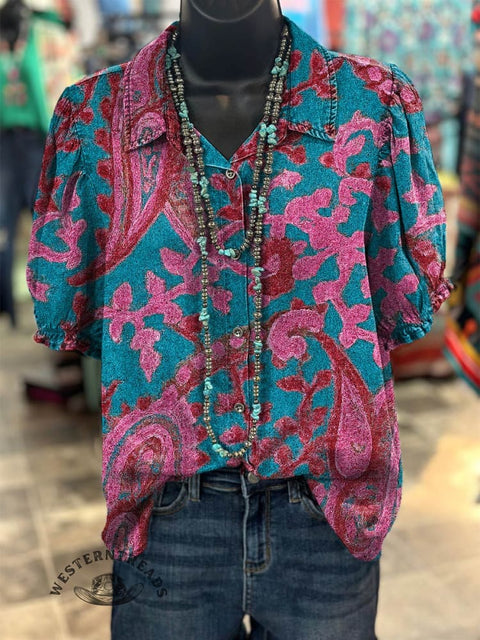 Women's Retro Floral Pattern Printed Casual Cotton Shirt