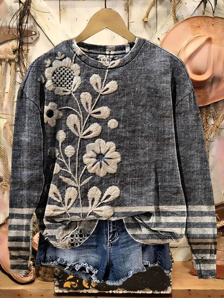 Retro Texture Art Print Crew Neck Casual Sweatshirt