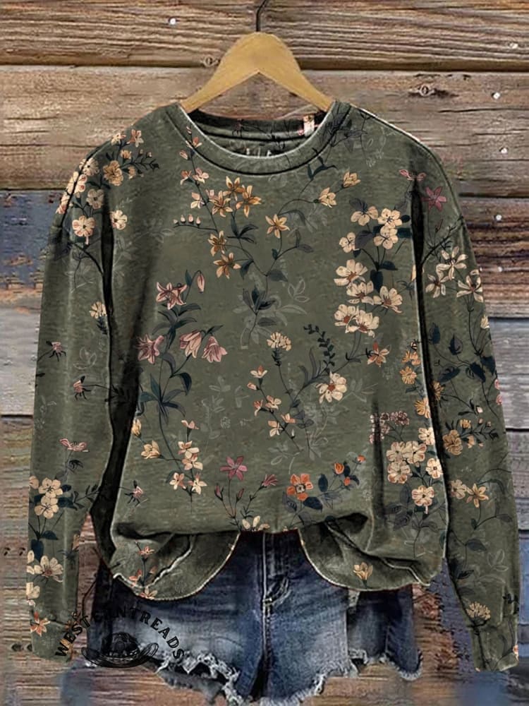 Retro Green Classic Floral Printed Casual T-shirt