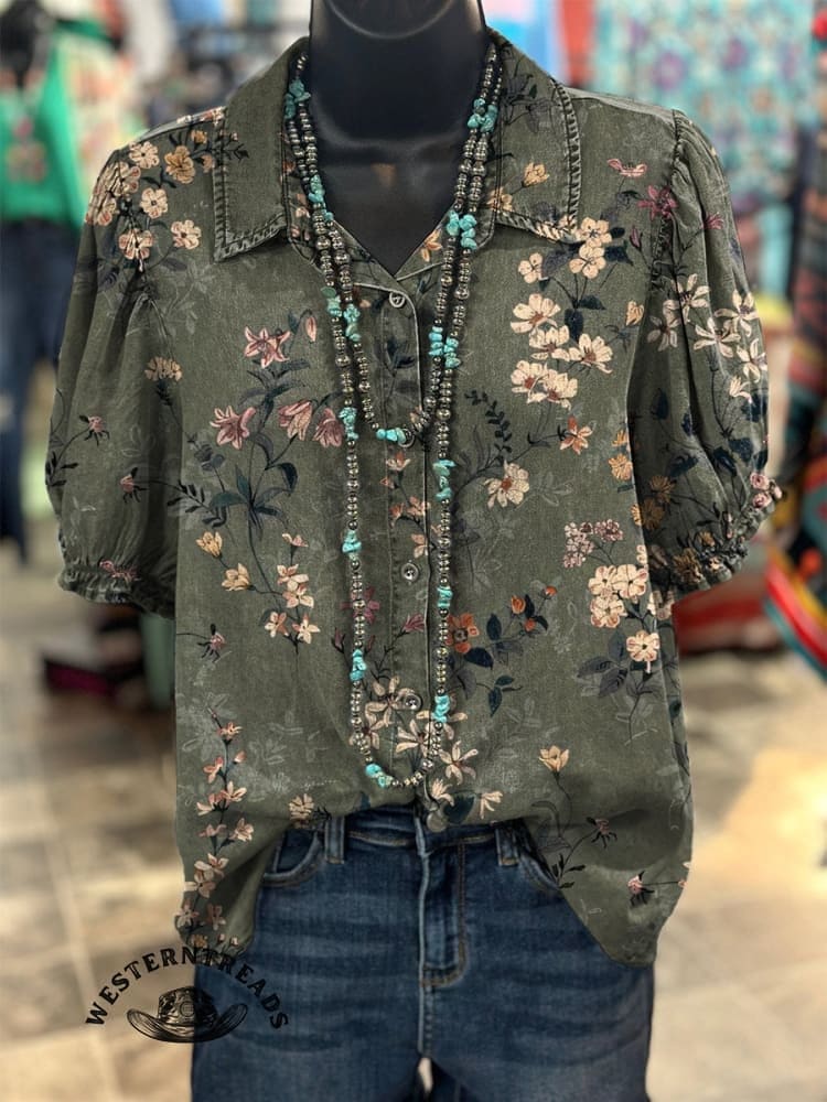 Retro Green Classic Floral Printed Casual T-shirt