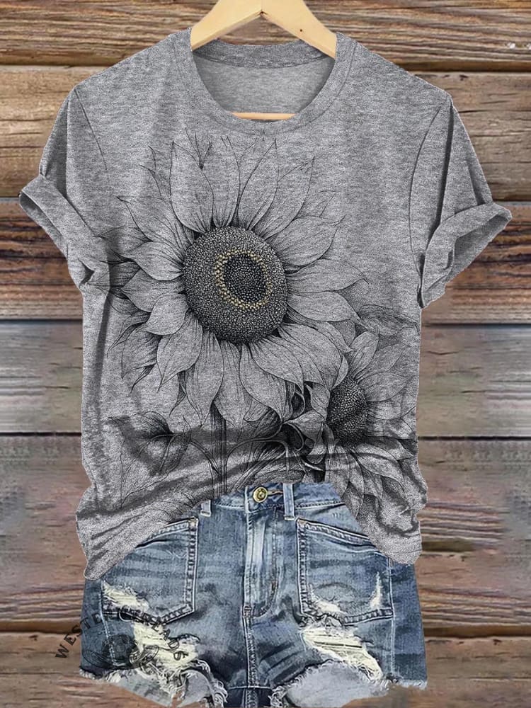 Retro Texture Sunflower Flower Print Casual T-shirt