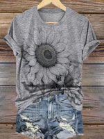 Retro Texture Sunflower Flower Print Casual T-shirt