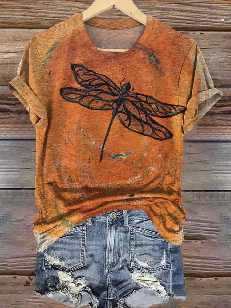 Retro Texture Dragonfly Print Casual T-shirt