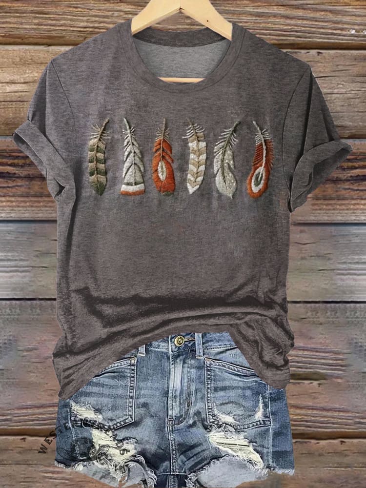 Simple Feather Print Casual T-shirt