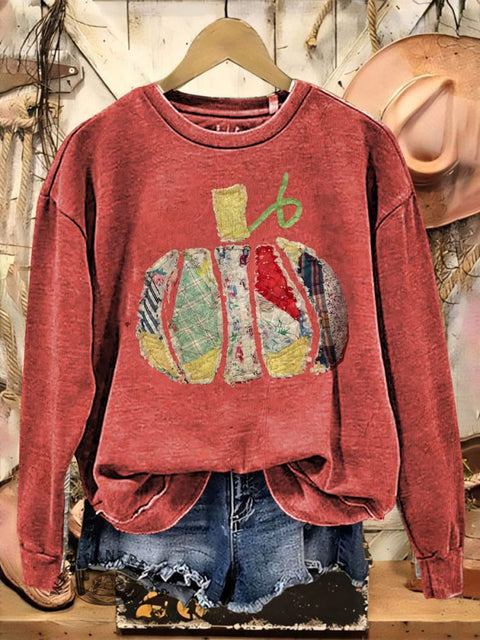 Retro Pumpkin  Art Print Crew Neck Casual Sweatshirt