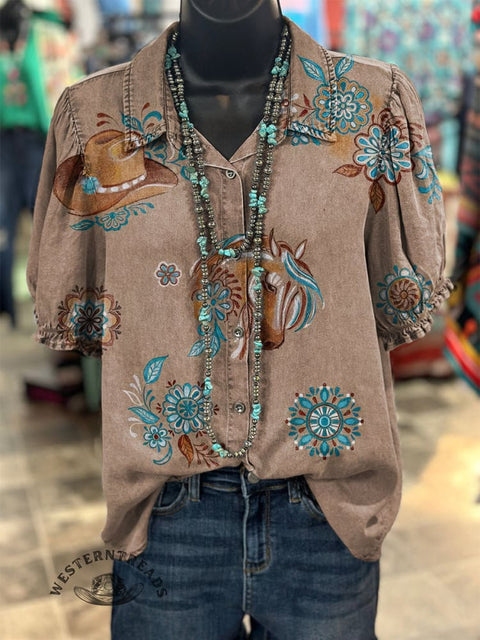 Women's Simple Cowboys Floral Printed Casual Cotton Shirt