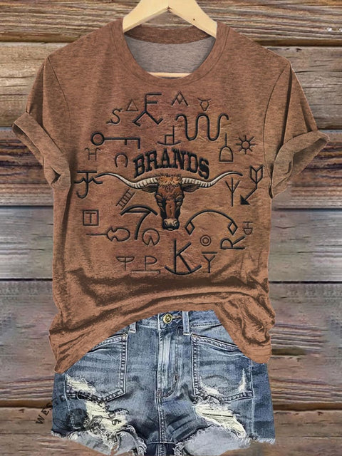 Retro Cow Brands Print Casual T-shirt