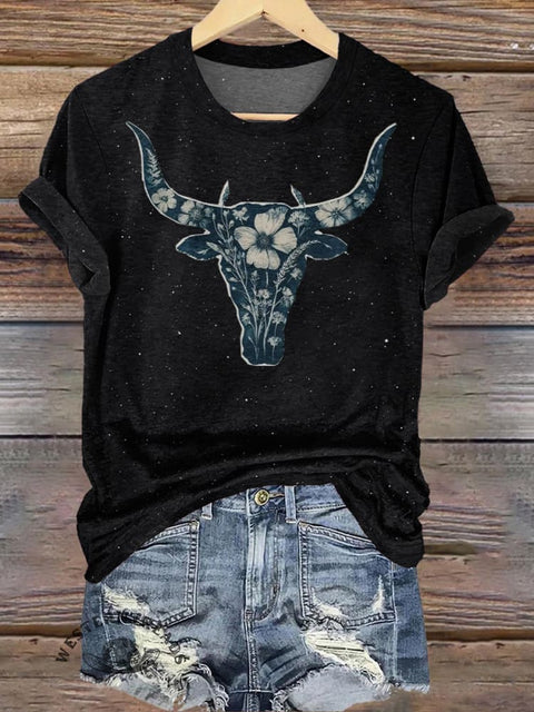 Simple Cow Floral Print Casual T-shirt