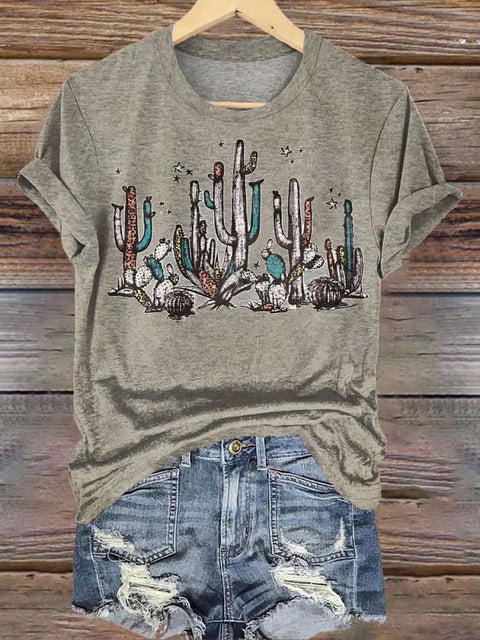 Simple Western Catcus Print Casual T-shirt