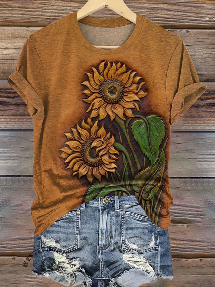 Retro Embossing Sunflower Print Casual T-shirt