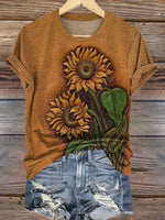 Retro Embossing Sunflower Print Casual T-shirt