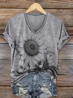 Women's Retro Texture Sunflower Print Casual V-neck T-shirt