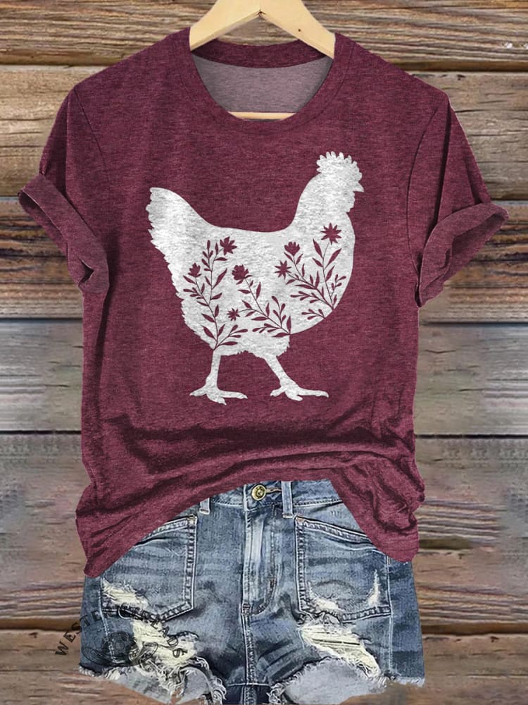 Retro Purple Chicken Floral Print Casual T-shirt