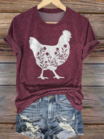 Retro Purple Chicken Floral Print Casual T-shirt