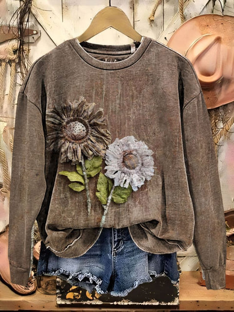 Retro Febric Art Flower Print Crew Neck Casual Sweatshirt
