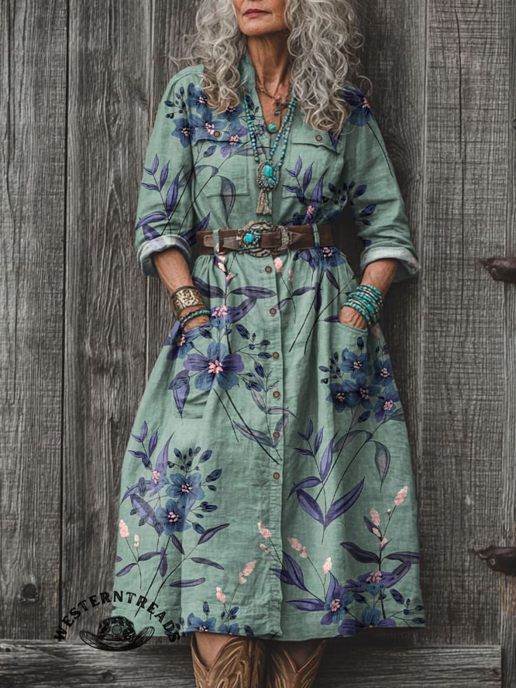 Retro Floral Pattern Print Casual V-neck T-shirt