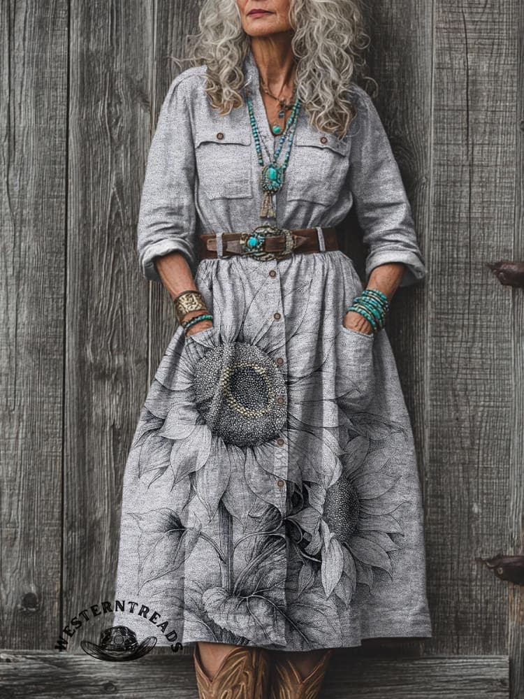 Retro Texture Sunflower Flower Print Casual T-shirt