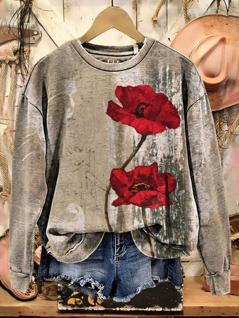 California Flowers Texture Print Crew Neck Casual Sweatshirt