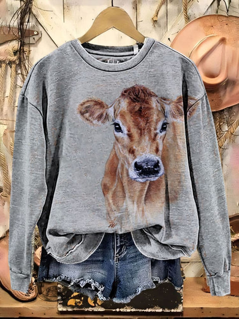 Simple Cow Art Print Crew Neck Casual Sweatshirt