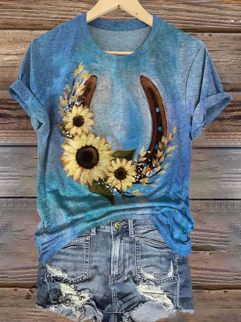 Horseshoe Sunflower Texture Print T-shirt