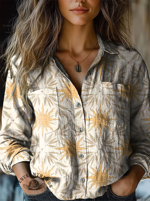 Women's Simple Boho Pattern Print Casual Long Sleeve Comfortable Cotton Shirt